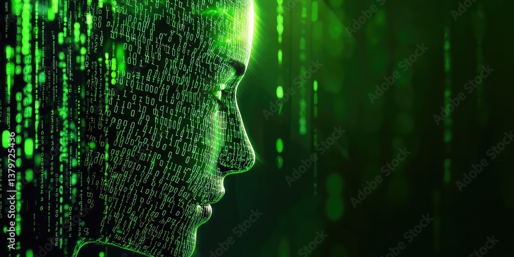Poster A dark, digital canvas explodes with vibrant green binary code, forming a menacing silhouette of a head, symbolizing a data breach or the insidious threat of hacking, lea