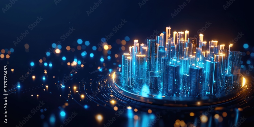 Poster a sleek, low-polygon cityscape of glowing blue, its intricate network of interconnected nodes formin