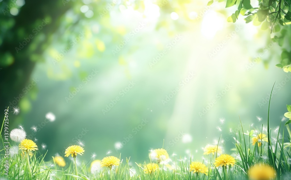 Aufkleber a serene scene of dandelions in a sunlit meadow, surrounded by soft greenery and gentle light, creat