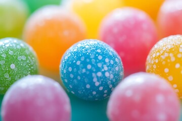 A vibrant explosion of sugary delights, a colorful collection of speckled candy spheres glistening with sweet perfection, a tempting treat for the eyes.