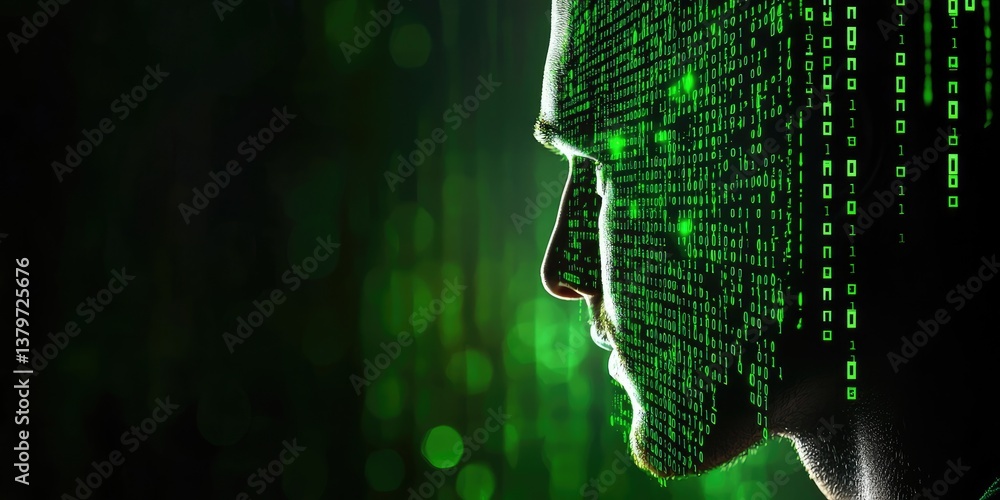 Poster A dark, digital canvas explodes with vibrant green binary code, forming a menacing silhouette of a head, symbolizing a data breach or the insidious threat of hacking, lea