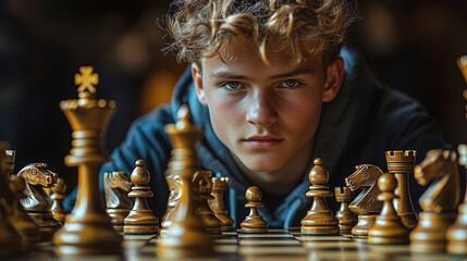 Young man intently focused on the wooden chess pieces