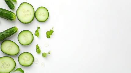 Fresh Cucumber Slices and Herbs on White Background