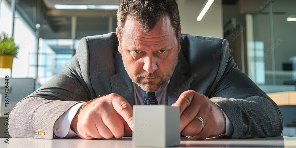 Poster a businessman, his brow furrowed in concentration, meticulously examined a cube resting on his sleek