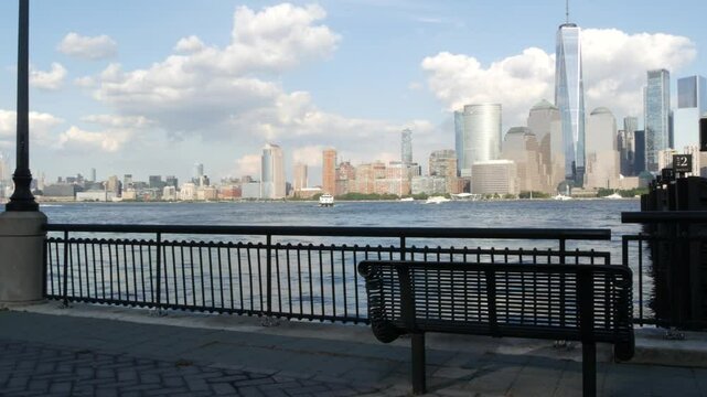 New York City waterfront skyline, Manhattan Downtown Financial district, World Trade Center building, riverfront skyscrapers. From Paulus Hook, New Jersey. United States architecture. Hudson river.