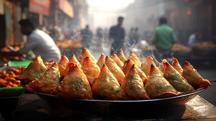 A selection of freshly fried samosas displayed on a tray
