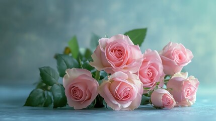 A Delicate Bouquet of Pink Roses on a Soft Blue Background