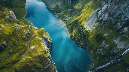 Fototapeta premium Aerial view of a serene mountain lake
