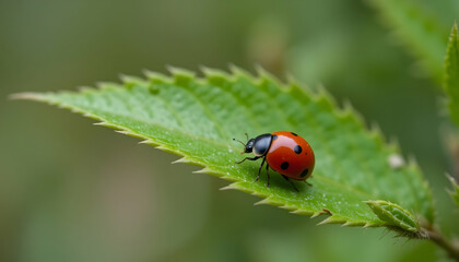 Obraz premium Red insect on leaf macro