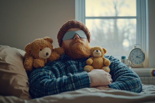 Chubby man with ginger beard peacefully sleeping in a modern minimalist bedroom with a teddy bear