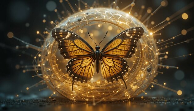Butterfly emerging from technological cocoon, evolution concept, glowing highlights, dark background, transformative metaphor