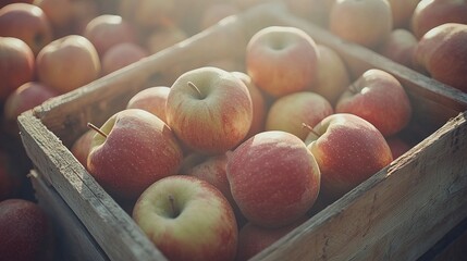 A wooden crate full of fresh red and yellow apples