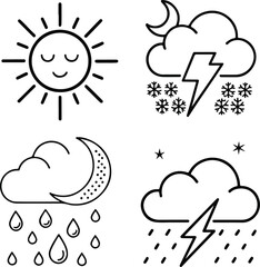 Weather Line Icons Set – Sun, Rain, Thunderstorm, Wind, Snow, Cloud, Minimal Outline Vector