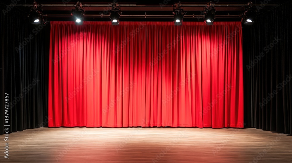Poster a large red curtain hangs in a theater, illuminated by stage lights, creating an inviting ambiance f