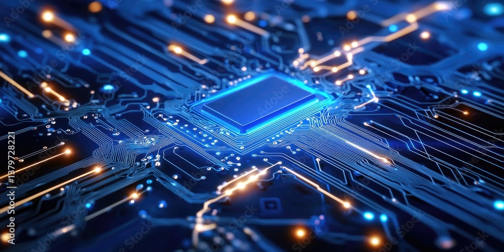Poster a vibrant blue backdrop pulsates with the intricate details of a digital circuit board, illuminated 