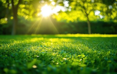 Naklejka premium Sunlight filters through trees in a park, illuminating lush green grass.