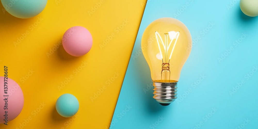 Poster A lightbulb, a symbol of enlightenment and innovation, casts a soft glow upon a flat lay scene, symbolizing the power of ideas to illuminate and clarify complex themes.