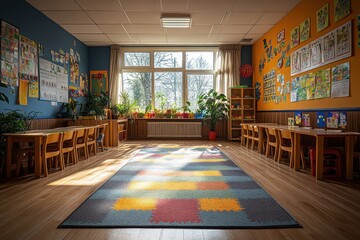 Bright and welcoming classroom filled with plants and colorful decorations for children's learning activities
