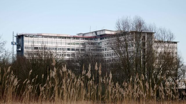 Wide shot of modern hospital complex seen through tall grass and bare trees