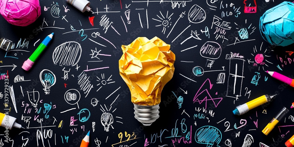 Poster a vibrant, crumpled paper light bulb, illuminating a blackboard teeming with creative ideas and inno
