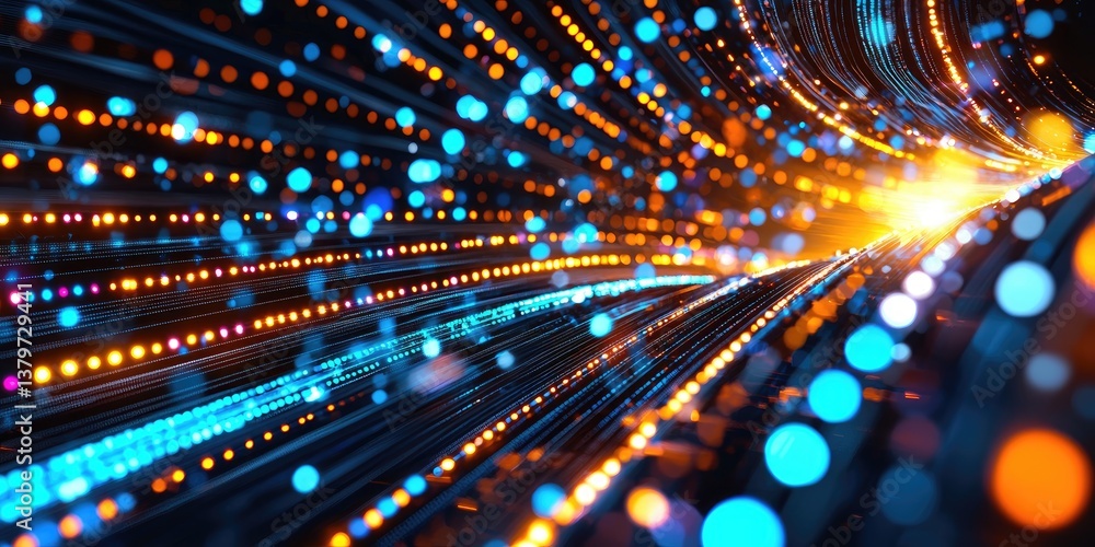 Poster A vibrant stream of digital data, a symphony of moving pixels and swirling lines, flows through a sleek, futuristic channel, visualizing the intricate process of big data