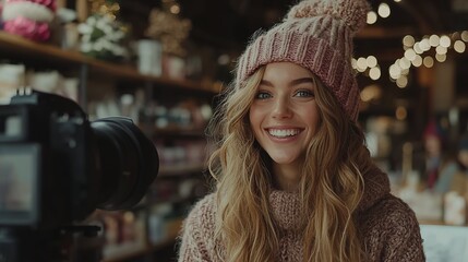 Smiling woman in a pink hat poses near camera lights