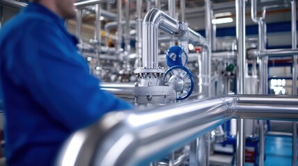A man in a blue shirt stands before a machine, viewed from above.