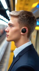 A young man wearing an earbud stands on a platform