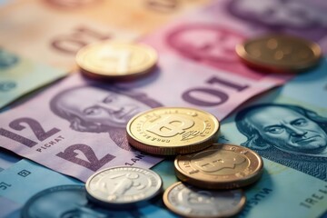 Abstract blurred background of various banknotes and coins , design, business, financial