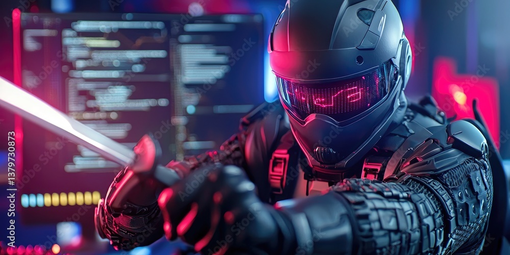 Aufkleber in a digital fortress, cybersecurity experts, clad in sleek black armor, deploy zero trust models to
