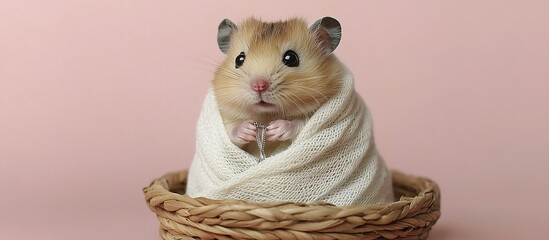A cute fluffy hamster nestled inside a woven basket of wood