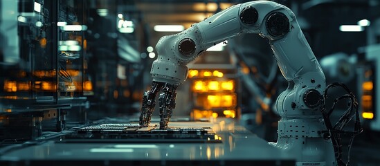 A robotic arm assembles circuit boards in a modern factory