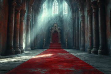 Majestic throne room with red carpet and towering columns in a gothic architecture setting during daylight