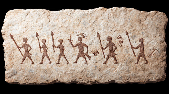 Ancient rock carving: Cave paintings on a textured stone depict a group of prehistoric figures hunting, giving a glimpse into the life of ancient ancestors. 