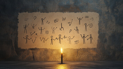Ancient Symbols & Guiding Light: A vintage parchment filled with primitive drawings illuminates, casting a soft glow on the wall, conveying a sense of knowledge and time.