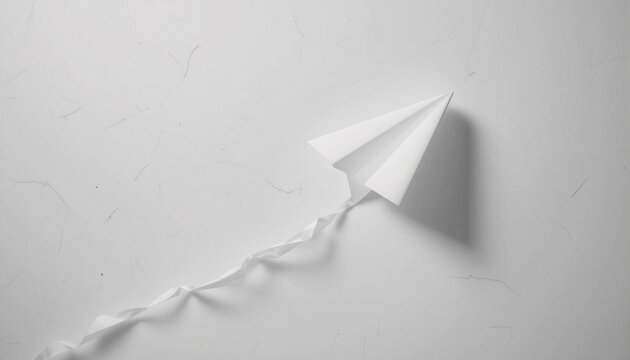 Paper airplane flying upward trajectory, aspirational concept, clean white background, shadow detail, simple metaphor, studio quality