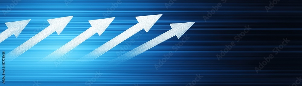Poster a dynamic image featuring multiple arrows moving upward against a blue gradient background, symboliz
