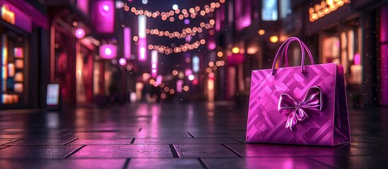 A pink shopping bag rests on a dark shiny city street