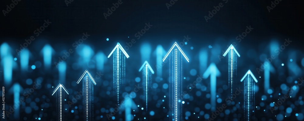 Poster a visually striking image of glowing blue arrows pointing upwards, set against a dark background wit