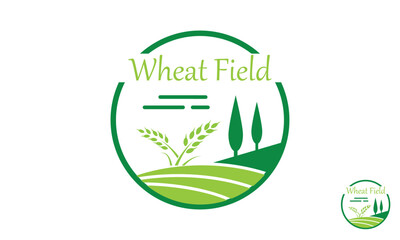 Wheat Field Logo Design Template. A Verdant Emblem Of A Wheat Field, Showcasing Stylized Wheat Stalks, Rolling Hills, And Trees, Designed for Agricultural Use.