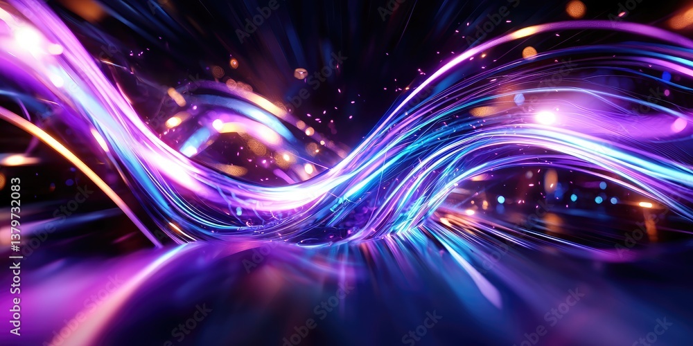 Poster a vibrant purple and blue abstract neon wave crashes across the frame, its pulsating form a mesmeriz