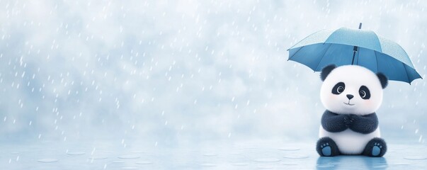 A cute panda sits under a blue umbrella, surrounded by a rainy backdrop, evoking a whimsical and charming atmosphere.