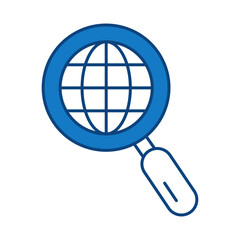 Globe with Magnifying Glass Blue Line Icon. Teamwork, Business, Planning, Strategy, Marketing, Leadership, Work Group, Meeting, Partnership Icons Editable Stroke Vector Illustration