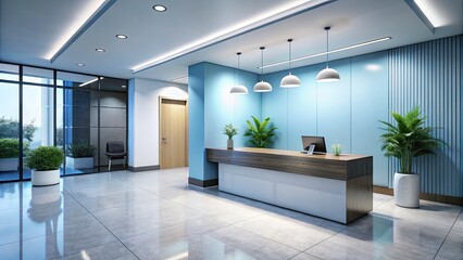 Fototapeta premium Panoramic Medical Clinic Interior Design - Soft Blur, Pale Blue Walls, Black Reception Desk