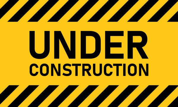Under construction vector sign symbol. Under construction badge logotype. Under construction warning sign with black and yellow striped hazard border for safety and maintenance work area caution.