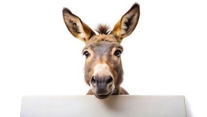 Fototapeta premium Hilarious Donkey Holding Blank Sign - Funny Farm Animal Photo, Cute Burro with Signboard, Comedy Animal Image, Humorous Donkey Picture, Funny Animal Photography