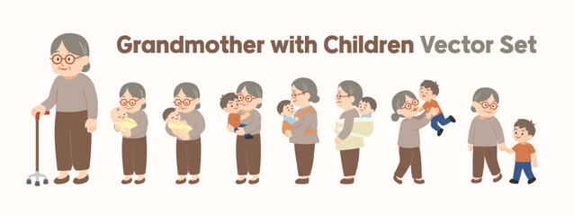 Grandmother with Babies and Children – Daily Life Vector Set