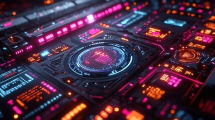 Obraz premium Futuristic Sci Fi Technology Interface Neon Glowing Digital HUD Panel Display