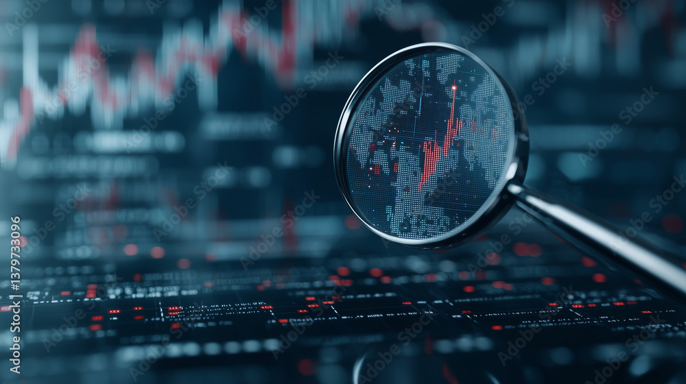 Poster financial analysis: exploring stock market dynamics through a magnifying glass, examining charts and