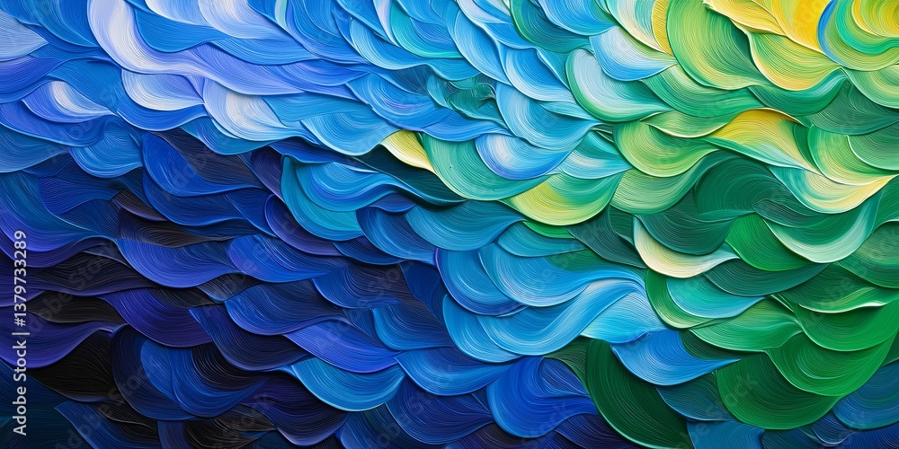 Poster a canvas of swirling blues and greens, where lines of code dance and connect in a digital symphony, 